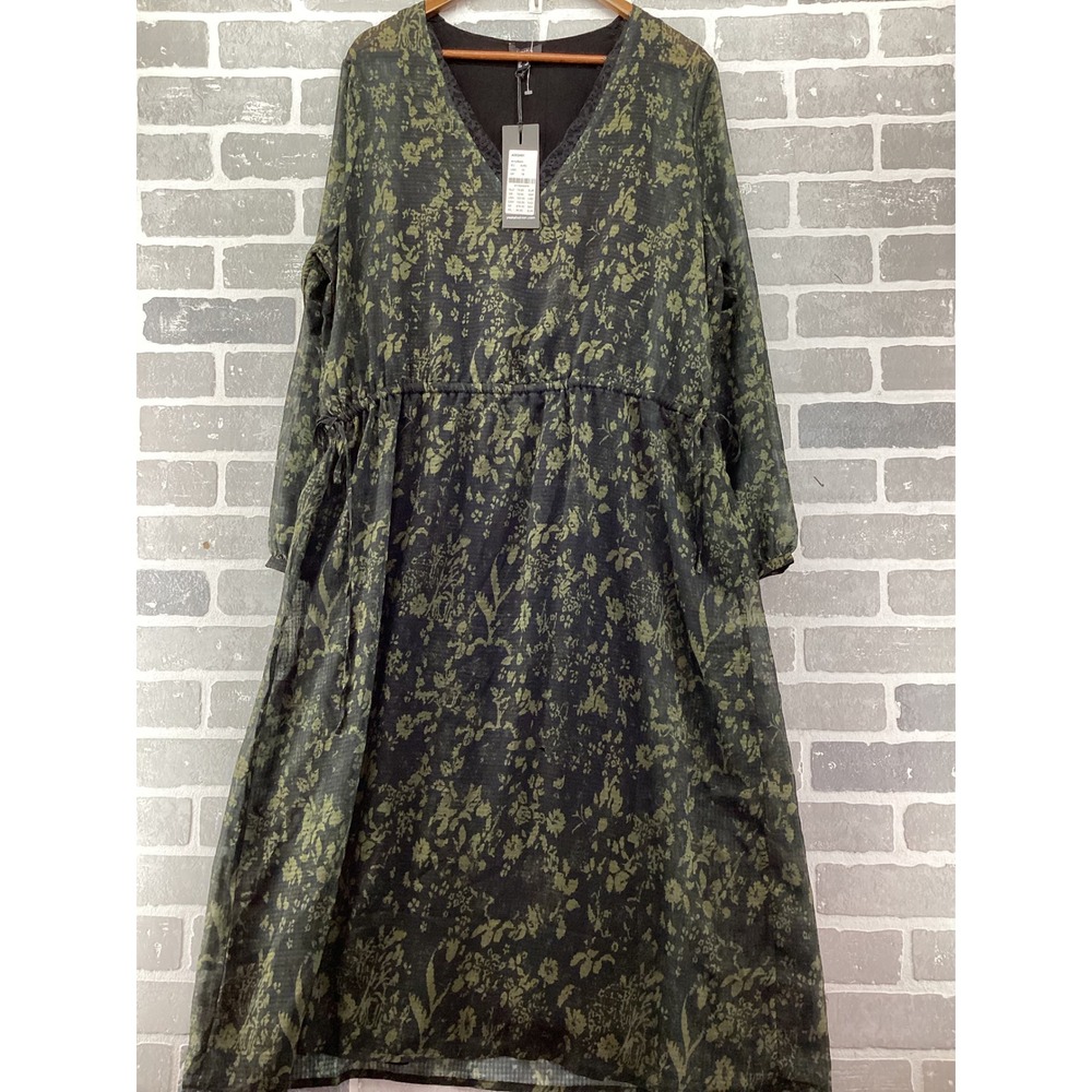 Yesta Army Black Floral Lace V-Neck Midi Dress A002461 NWT Size 14
